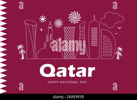 Drapeau de célébration de la journée nationale du Qatar, ville moderne Doha, journée nationale du qatar 18 décembre. illustration de ligne vectorielle Illustration de Vecteur