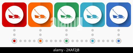 Icônes vectorielles de tondeuse à gazon, modèle d'infographie, jeu de symboles de conception plate dans 5 options de couleurs Illustration de Vecteur