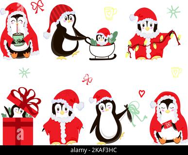 Jolis pingouins de Noël.Ensemble d'animaux.Pingouins habillés comme le Père Noël, avec une tasse de cacao, avec des cadeaux et avec gaieté regarder hors du Bo de vacances Illustration de Vecteur