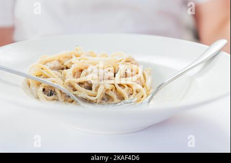 Spaghetti aux champignons et au poulet Banque D'Images