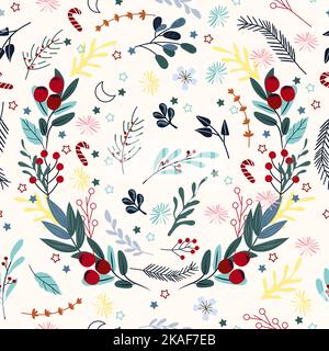 Motifs de Noël sans couture avec baies rouges, feuilles colorées autour, étoiles. Le motif hiver brillant peut être utilisé comme textile, tissu, papier peint, bannière et autre. Vecteur. Illustration de Vecteur
