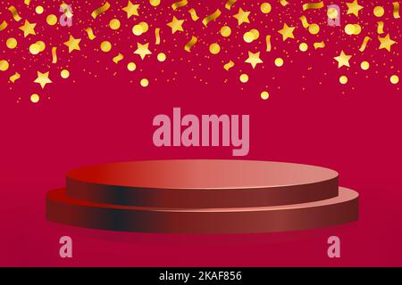 Podium avec cercles étoiles rubans sur fond rouge horizontal. style 3d. Podium. Illustration vectorielle. Illustration de Vecteur