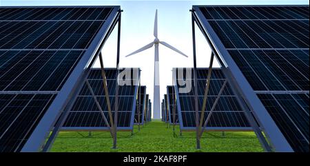 Panneaux solaires sur plusieurs rangées d'herbe verte. Derrière le générateur de vent industriel. Avantages et inconvénients de différents types de alternative Banque D'Images