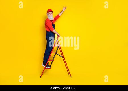 Photo pleine longueur du professionnel retraité ouvrier de réparation utiliser un escabeau d'outil isolé sur fond de couleur brillante Banque D'Images