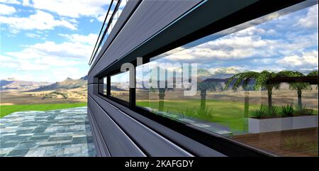 Un fantastique train aérien volant en métal s'est arrêté sur une plate-forme dans les montagnes. La fenêtre reflète les palmiers et le parquet au bus s. Banque D'Images