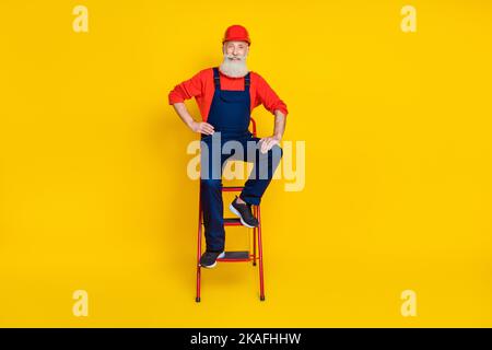 Photo pleine longueur de professionnel pensionné senior plombier assis échelle isolée sur fond de couleur brillante Banque D'Images