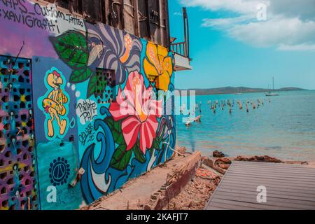 Une belle photo d'un mur de bâtiment recouvert de graffiti colorés contre la mer à Boqueron, Porto Rico Banque D'Images