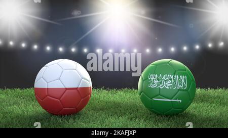Deux ballons de football aux couleurs des drapeaux sur un fond flou du stade. Pologne contre l'Arabie saoudite. 3d image Banque D'Images