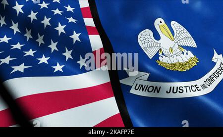 3D Waving Louisiana State and USA fusionné Flag Closeup View Banque D'Images