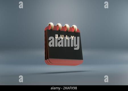 Calendrier de bureau noir et rouge avec date de juillet. Design moderne avec éléments dorés, 3D images de rendu. Arrière-plan bleu-gris. Banque D'Images