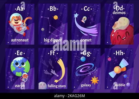 Flashcards de l'alphabet anglais avec lettres de A à H pour l'éducation des enfants. Cartes flash imprimables avec astronaute cartoon, planètes, constellation, vaisseau spatial galaxie pour apprendre des lettres et des mots à l'école Illustration de Vecteur