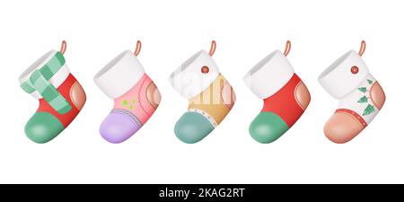 Lot de 3D articles de chaussette ou de boîte de Noël à motif vectoriel. Décorations de Noël isolées sur fond blanc. Illustration plastique brillant Illustration de Vecteur