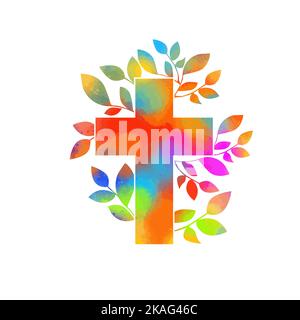 Pinceau croisé religieux de couleur avec branches. Joyeuses Pâques. Illustration vectorielle Illustration de Vecteur