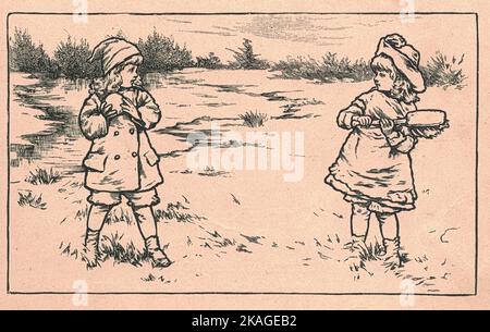 L'illustration antique montre deux enfants pendant l'hiver. Vintage illustration montre deux jeunes filles boule de neige l'un l'autre. Ancienne photo du livre de contes de fées. Illustration du livre de contes publiée 1910. Banque D'Images