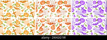 Ensemble de motifs sans couture pour Halloween avec sorcière, maison hantée, citrouilles ou bates dans un modèle dessin main dessin dessin à plat de dessin animé Illustration de Vecteur