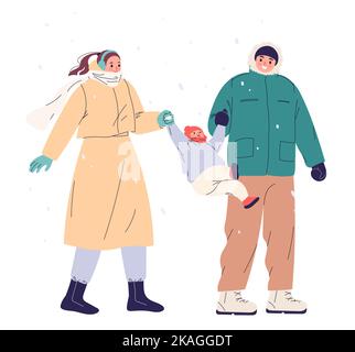 Jeune famille avec enfant marchant à l'extérieur en hiver. Illustration de Vecteur