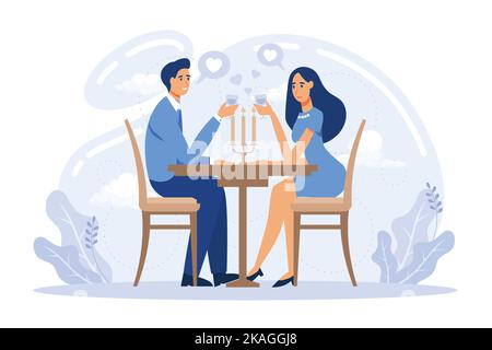 Hangouts rencontre d'amis, romantique date aveugle, temps libre, soul mate, relation romantique, Histoire d'amour, Saint-Valentin, restaurant plat vecteur moder Illustration de Vecteur