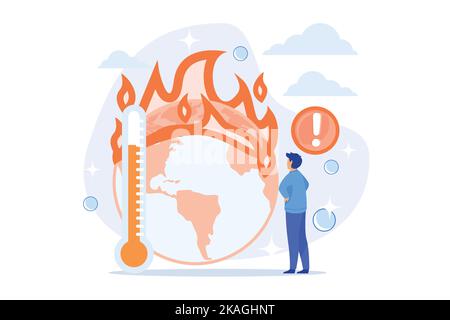 Changement climatique de la Terre, augmentation de la température, réchauffement de la planète. Feux multiples, destruction de la faune et de la flore, dégâts de la faune et de la flore de la planète et dégâts de l'humanité. flat ve Illustration de Vecteur