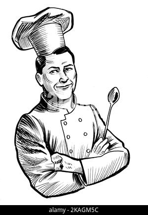 Chef de restaurant souriant. Dessin noir et blanc Banque D'Images