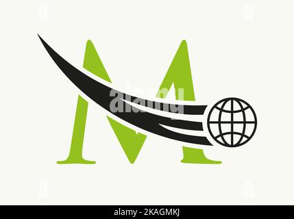 Concept de logo Letter M World avec modèle vectoriel d'icône globale mobile Illustration de Vecteur