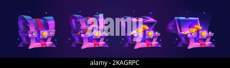 Jeu d'animation Treasure poitrine. Illustration vectorielle de dessin animé d'une ancienne boîte en bois fermée et ouverte avec de l'argent, des pièces de monnaie dorées, des pierres précieuses brillantes, étincelantes isolées sur des backgrouns bleu foncé. Prop. De jeu Illustration de Vecteur