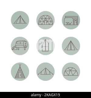 Collection de type glamping House pour le Web, les médias sociaux. Icône de ligne de tente, bulle, remorque, chalet alpin en bois. Illustration de Vecteur