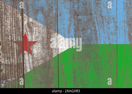 Drapeau de Djibouti peint sur un vieux fond en bois endommagé Banque D'Images