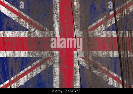 Drapeau britannique peint sur un vieux fond en bois endommagé Banque D'Images