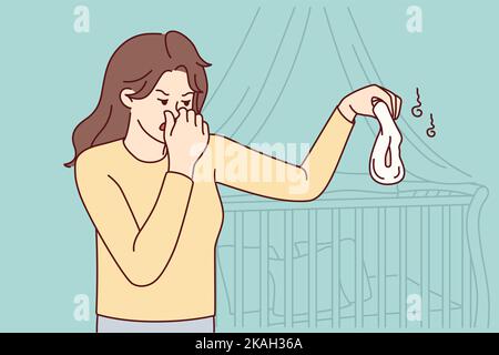 Jeune mère malheureuse nez proche se sentir dégoût tenant la couche de bébé stinky. Une maman en difficulté dégoûtée avec une couche d'enfant qui sentait mauvais. Illustration vectorielle. Illustration de Vecteur