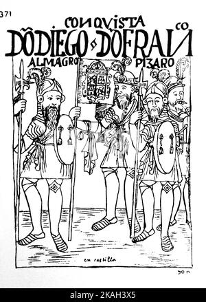 371.les Conquistadores Don Diego de Almagro et Don Francisco Pizarro.par Felipe Guamán Poma de Ayala (1535- 1616).Guamán Poma raconte comment l'espagne a construit l'empire colonial le plus vaste dans le 'Nouveau monde'' et la conquête D'un point de vue andin,en particulier les mauvais traitements infligés aux indigènes des Andes par les Espagnols,appelés Nueva corónica y buen gobierno. Guaman Banque D'Images