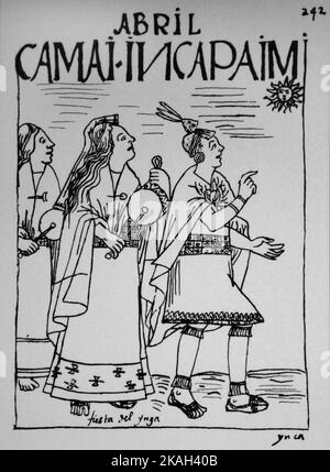 242. Avril inca festival.l'Inca et trois femmes.par Felipe Guamán Poma de Ayala (1535-1616). Banque D'Images