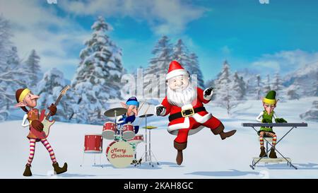 Le Père Noël et les élfs jouent des instruments de musique dans la ville hivernale de Noël. Le concept de Noël et du nouvel an. 3D Noël rendu Banque D'Images