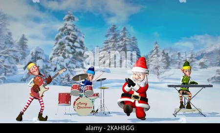 Le Père Noël et les élfs jouent des instruments de musique dans la ville hivernale de Noël. Le concept de Noël et du nouvel an. 3D Noël rendu Banque D'Images
