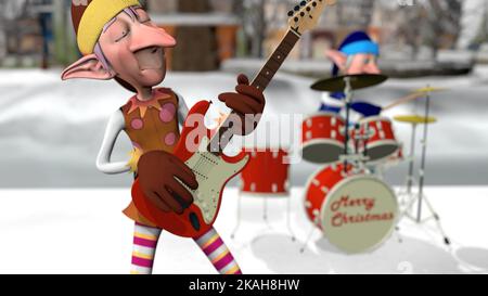 Le Père Noël et les élfs jouent des instruments de musique dans la ville hivernale de Noël. Le concept de Noël et du nouvel an. 3D Noël rendu Banque D'Images