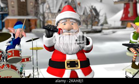 Le Père Noël et les élfs jouent des instruments de musique dans la ville hivernale de Noël. Le concept de Noël et du nouvel an. 3D Noël rendu Banque D'Images