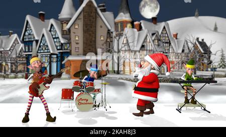 Le Père Noël et les élfs jouent des instruments de musique dans la ville hivernale de Noël. Le concept de Noël et du nouvel an. 3D Noël rendu Banque D'Images