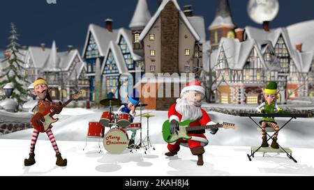 Le Père Noël et les élfs jouent des instruments de musique dans la ville hivernale de Noël. Le concept de Noël et du nouvel an. 3D Noël rendu Banque D'Images
