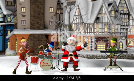 Le Père Noël et les élfs jouent des instruments de musique dans la ville hivernale de Noël. Le concept de Noël et du nouvel an. 3D Noël rendu Banque D'Images