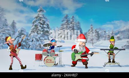 Le Père Noël et les élfs jouent des instruments de musique dans la ville hivernale de Noël. Le concept de Noël et du nouvel an. 3D Noël rendu Banque D'Images