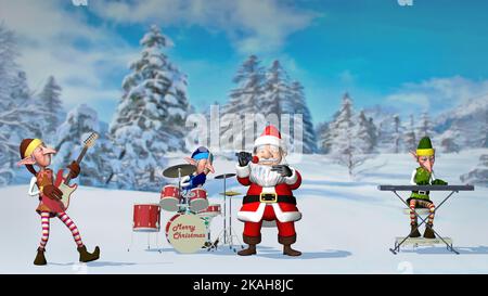 Le Père Noël et les élfs jouent des instruments de musique dans la ville hivernale de Noël. Le concept de Noël et du nouvel an. 3D Noël rendu Banque D'Images