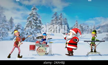 Le Père Noël et les élfs jouent des instruments de musique dans la ville hivernale de Noël. Le concept de Noël et du nouvel an. 3D Noël rendu Banque D'Images
