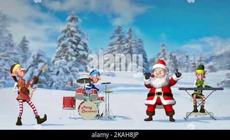 Le Père Noël et les élfs jouent des instruments de musique dans la ville hivernale de Noël. Le concept de Noël et du nouvel an. 3D Noël rendu Banque D'Images