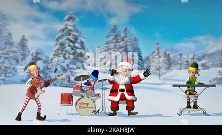 Le Père Noël et les élfs jouent des instruments de musique dans la ville hivernale de Noël. Le concept de Noël et du nouvel an. 3D Noël rendu Banque D'Images