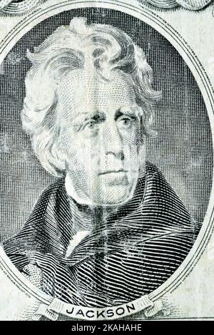 Portrait du président Andrew Jackson du côté opposé d'un vieux billet de 20 vingt dollars monnaie série 1995, vieux billet de banque américain, v Banque D'Images