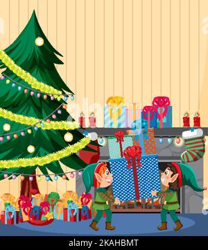 Lutins de Noël avec cadeaux dans la pièce illustration Illustration de Vecteur