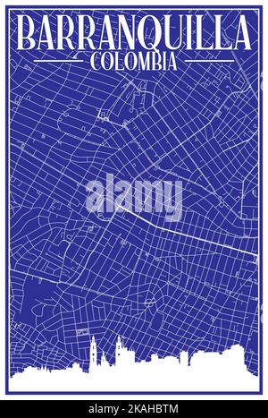 Carte du réseau des rues du centre-ville DE BARRANQUILLA, COLOMBIE, imprimée à la main, d'époque bleue, avec un horizon et des lettres mis en évidence Illustration de Vecteur