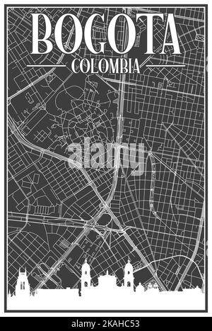 Carte du réseau des rues du centre-ville DE BOGOTA, COLOMBIE, imprimée à la main, d'époque noire, avec des gratte-ciel et des lettres mis en évidence Illustration de Vecteur