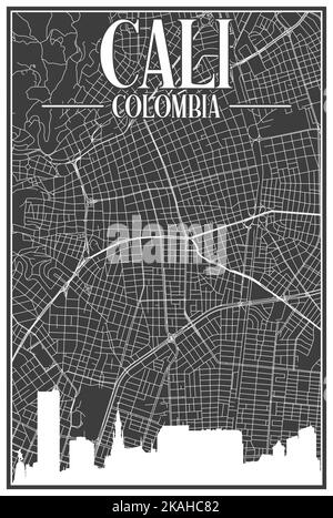 Carte du réseau des rues du centre-ville DE CALI, COLOMBIE, imprimée à la main, d'époque noire, avec des gratte-ciel et des lettres en surbrillance Illustration de Vecteur