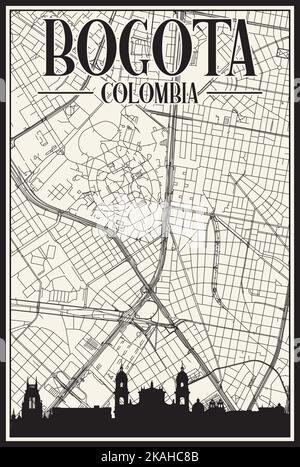 Carte du réseau des rues du centre-ville DE BOGOTA, COLOMBIE, imprimée à la main, d'époque blanche, avec des gratte-ciel et des lettres mis en évidence Illustration de Vecteur