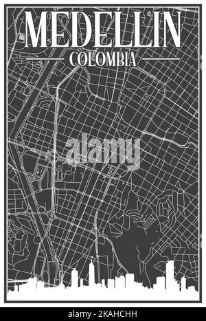 Carte du réseau des rues du centre-ville DE MEDELLIN, COLOMBIE, imprimée à la main, d'époque noire, avec des gratte-ciel et des lettres en relief Illustration de Vecteur